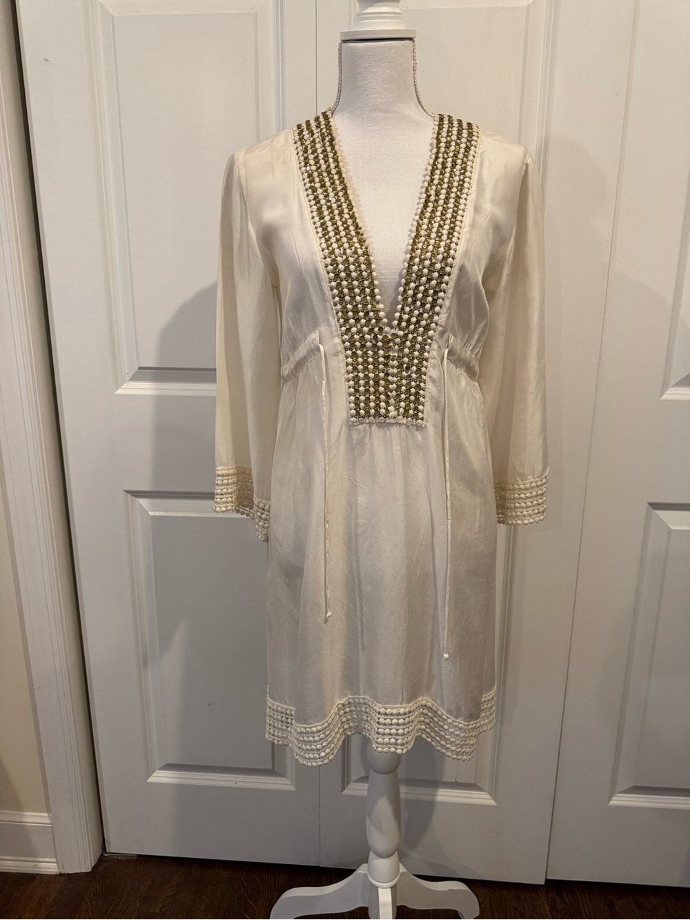 DESPI 100% Silk Beaded Swim Cover Up Tunic Dress Ivory Resort Boho Size M